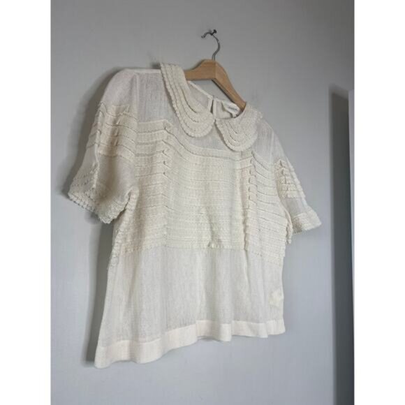 NEW The Great. Rosebud Knit Peter Pan Collar Short Sleeve Top Cream Size: 3 - Picture 3 of 7